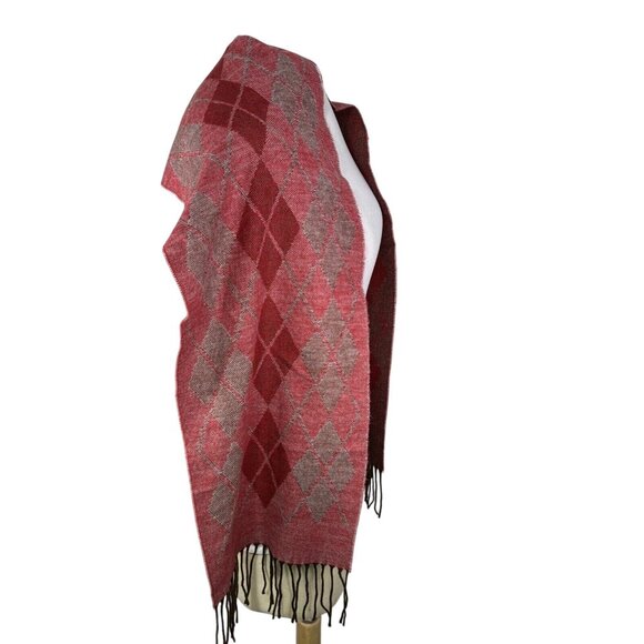 Geoffrey Beene Womens Argyle Wool & Cashmere Shawl Scarf Red & Gray - Picture 2 of 3